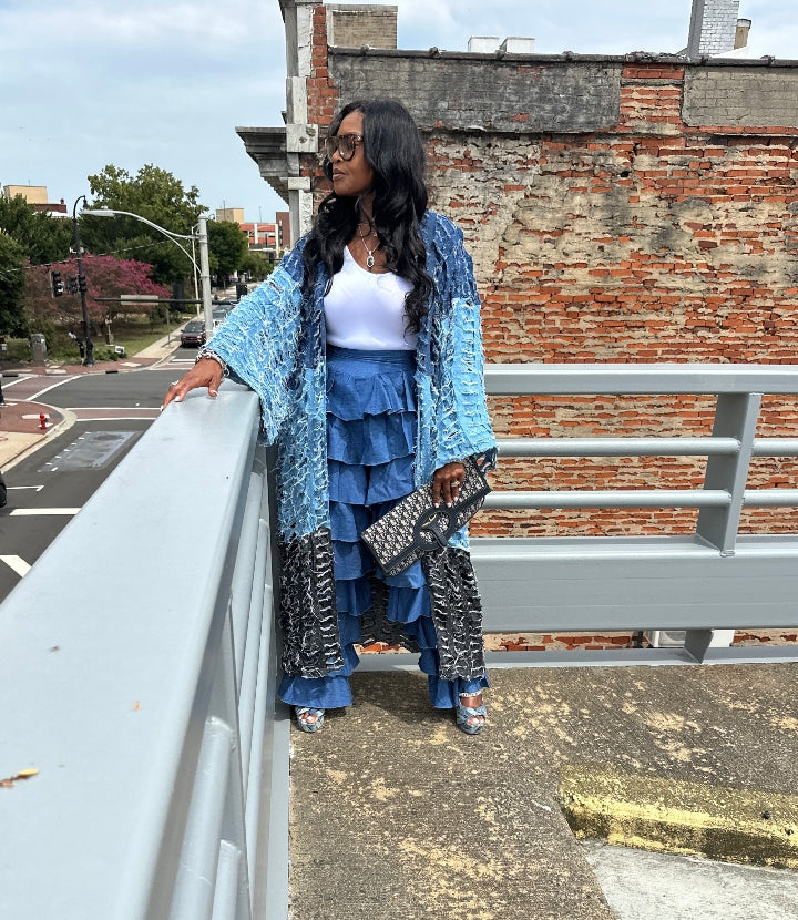 Trio Denim Distressed Cut Out  Open Front Long Cardigan -Black, Dark Denim, Medium Denim Blue Denim Combo Ships 10/17