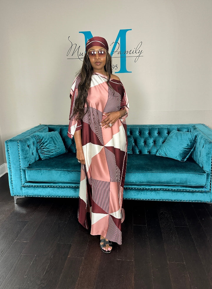 Vacation Vibes Kaftan Maxi Dress with Matching Scarf  -  Burgundy Pink Cream Blend