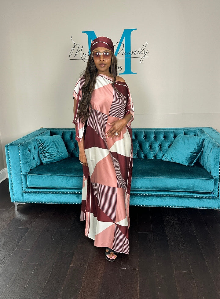Vacation Vibes Kaftan Maxi Dress with Matching Scarf  -  Burgundy Pink Cream Blend