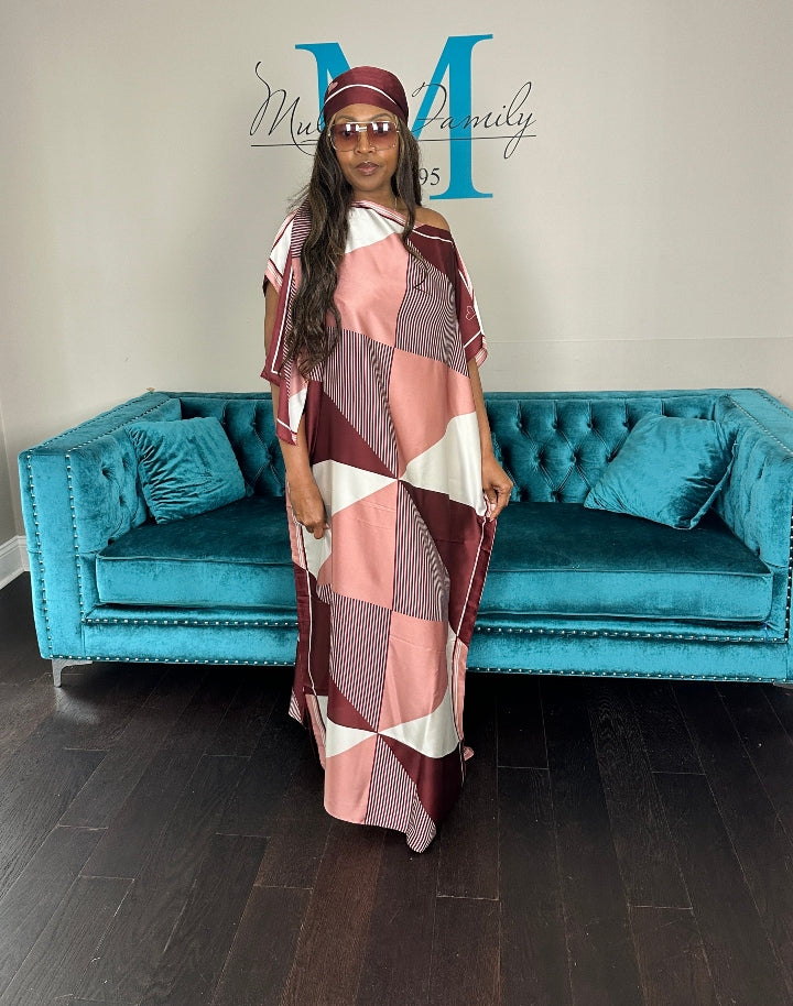 Vacation Vibes Kaftan Maxi Dress with Matching Scarf  -  Burgundy Pink Cream Blend