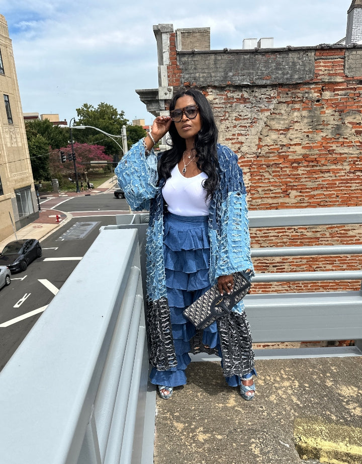 Trio Denim Distressed Cut Out  Open Front Long Cardigan -Black, Dark Denim, Medium Denim Blue Denim Combo Ships 10/17