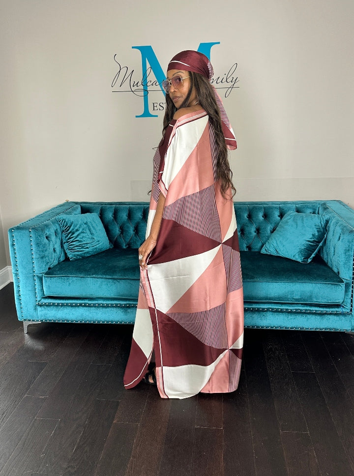 Vacation Vibes Kaftan Maxi Dress with Matching Scarf  -  Burgundy Pink Cream Blend