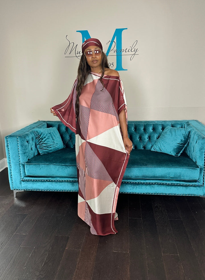 Vacation Vibes Kaftan Maxi Dress with Matching Scarf  -  Burgundy Pink Cream Blend