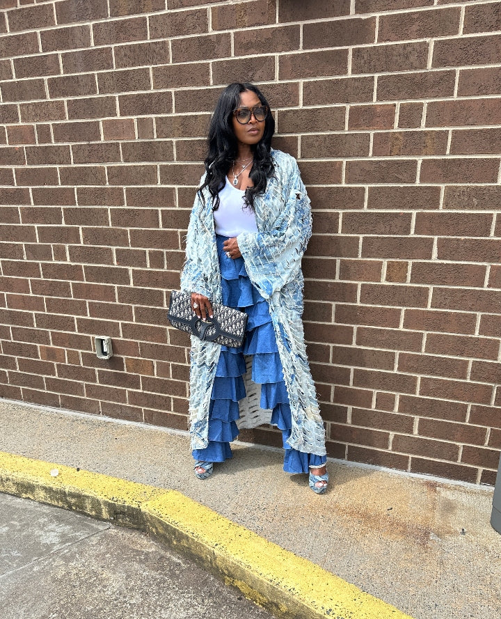 Denim Distressed Cut Out  Open Front Long Cardigan -Acid Wash Light Blue Jean Denim Ships 10/17