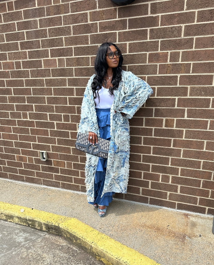 Denim Distressed Cut Out  Open Front Long Cardigan -Acid Wash Light Blue Jean Denim Ships 10/17