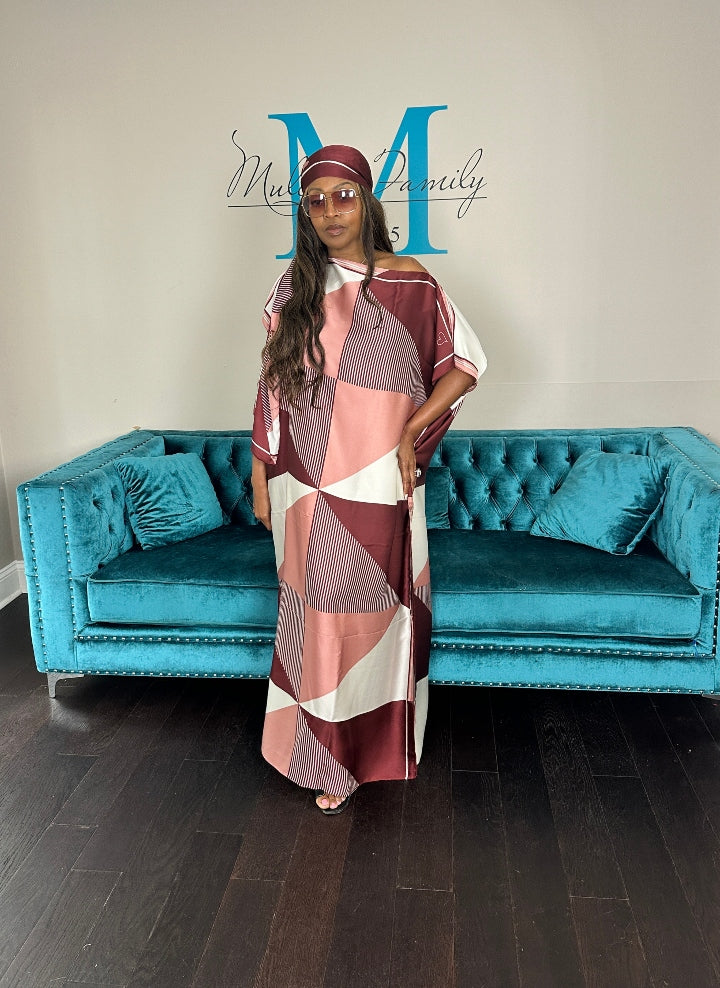 Vacation Vibes Kaftan Maxi Dress with Matching Scarf  -  Burgundy Pink Cream Blend