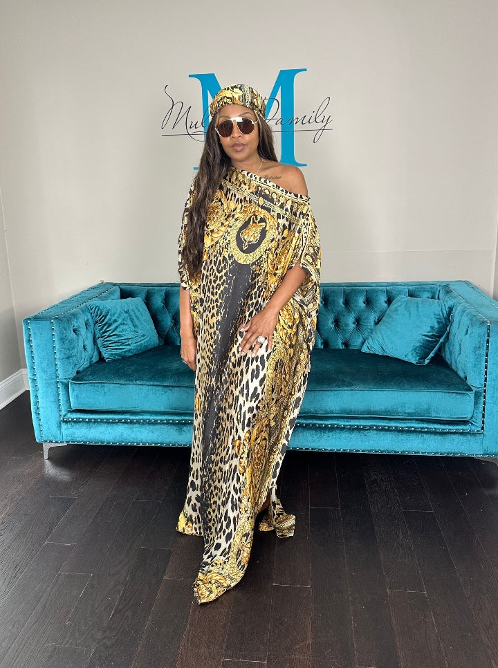 Vacation Vibes Kaftan Maxi Dress with Matching Scarf  -  Gold Black Leopard Ships 6/19
