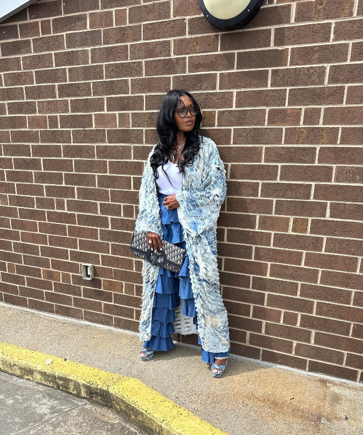 Denim Distressed Cut Out  Open Front Long Cardigan -Acid Wash Light Blue Jean Denim Ships 10/17