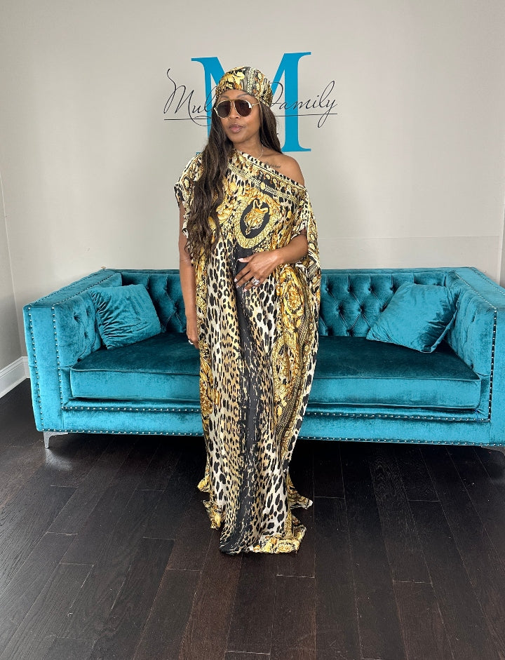 Vacation Vibes Kaftan Maxi Dress with Matching Scarf  -  Gold Black Leopard Ships 6/19