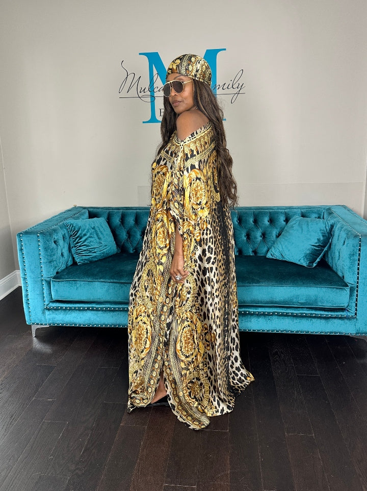 Vacation Vibes Kaftan Maxi Dress with Matching Scarf  -  Gold Black Leopard Ships 6/19