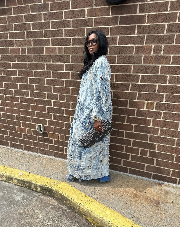 Denim Distressed Cut Out  Open Front Long Cardigan -Acid Wash Light Blue Jean Denim Ships 10/17