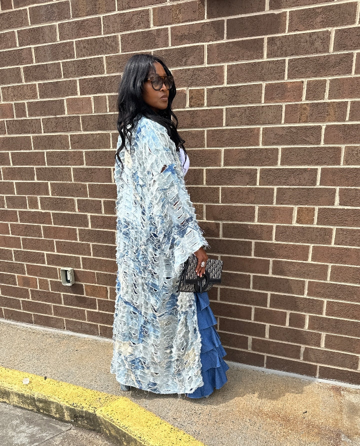 Denim Distressed Cut Out  Open Front Long Cardigan -Acid Wash Light Blue Jean Denim Ships 10/17