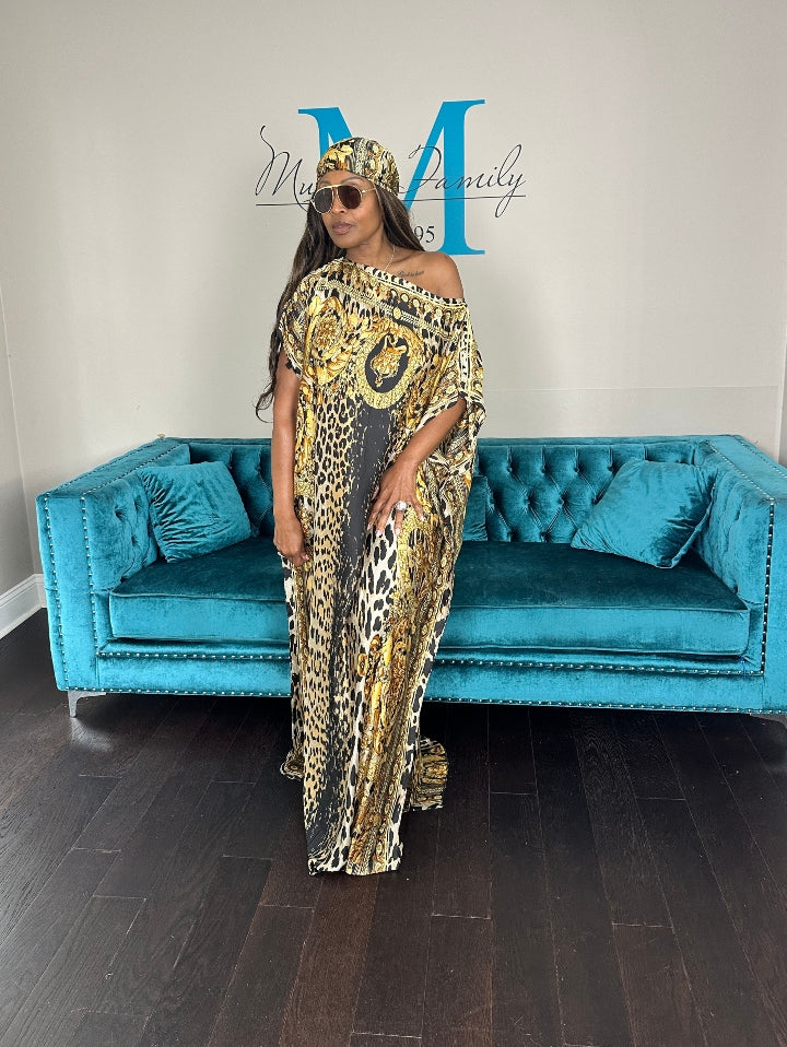 Vacation Vibes Kaftan Maxi Dress with Matching Scarf  -  Gold Black Leopard Ships 6/19
