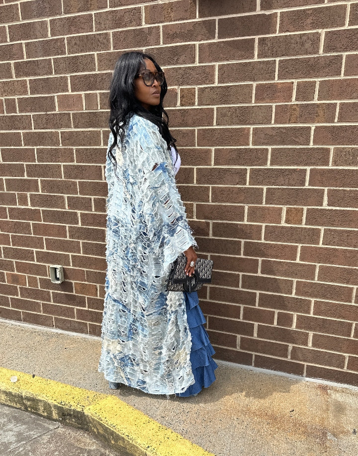 Denim Distressed Cut Out  Open Front Long Cardigan -Acid Wash Light Blue Jean Denim Ships 10/17