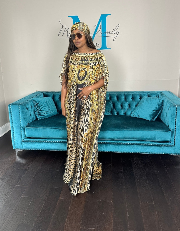 Vacation Vibes Kaftan Maxi Dress with Matching Scarf  -  Gold Black Leopard Ships 6/19