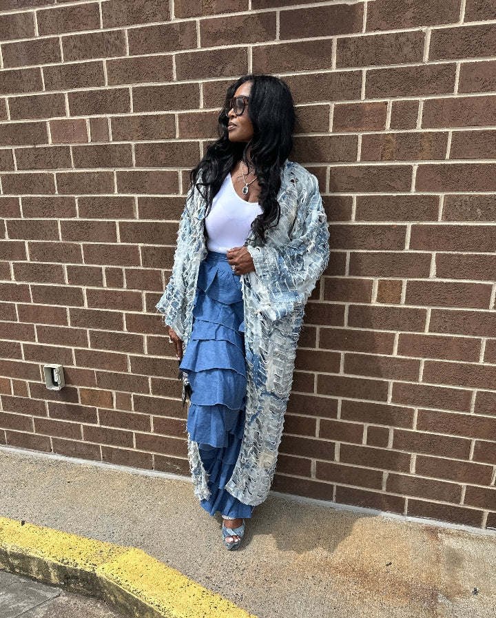 Denim Distressed Cut Out  Open Front Long Cardigan -Acid Wash Light Blue Jean Denim Ships 10/17