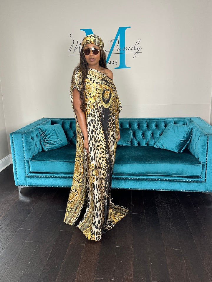 Vacation Vibes Kaftan Maxi Dress with Matching Scarf  -  Gold Black Leopard Ships 6/19