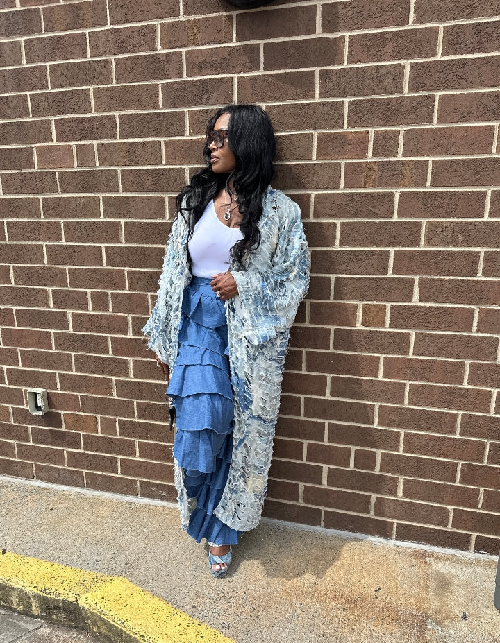 Denim Distressed Cut Out  Open Front Long Cardigan -Acid Wash Light Blue Jean Denim Ships 10/17