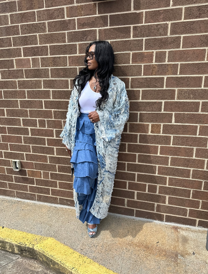 Denim Distressed Cut Out  Open Front Long Cardigan -Acid Wash Light Blue Jean Denim Ships 10/17