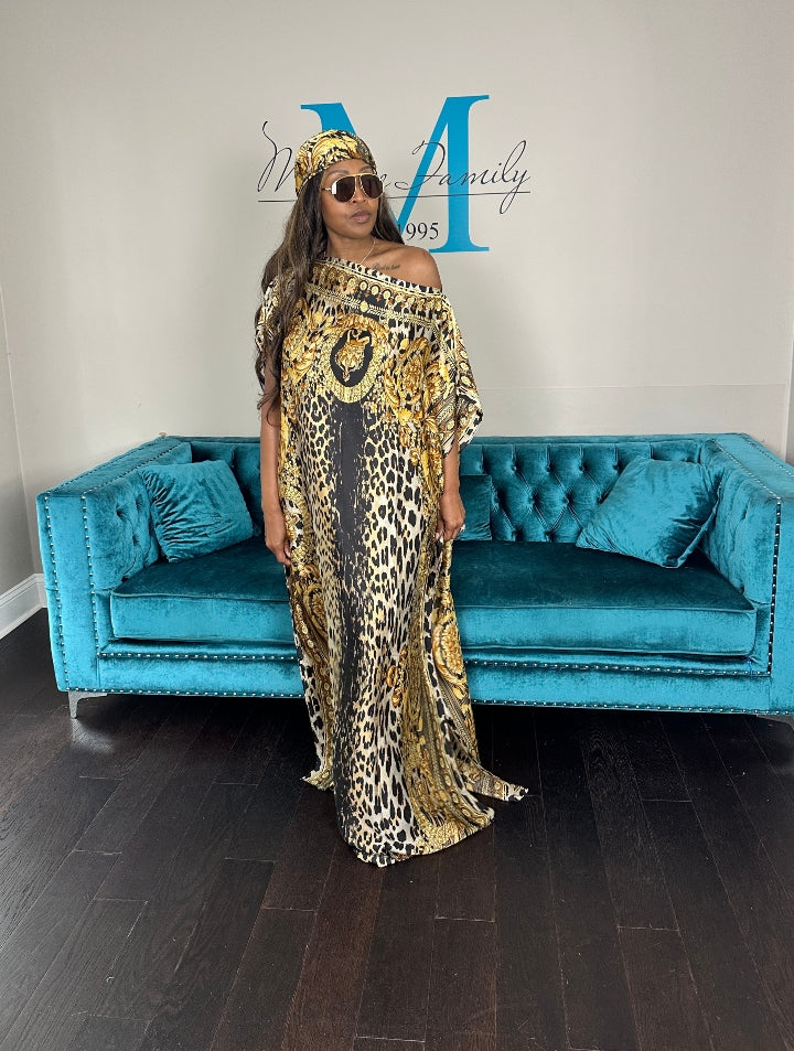 Vacation Vibes Kaftan Maxi Dress with Matching Scarf  -  Gold Black Leopard Ships 6/19