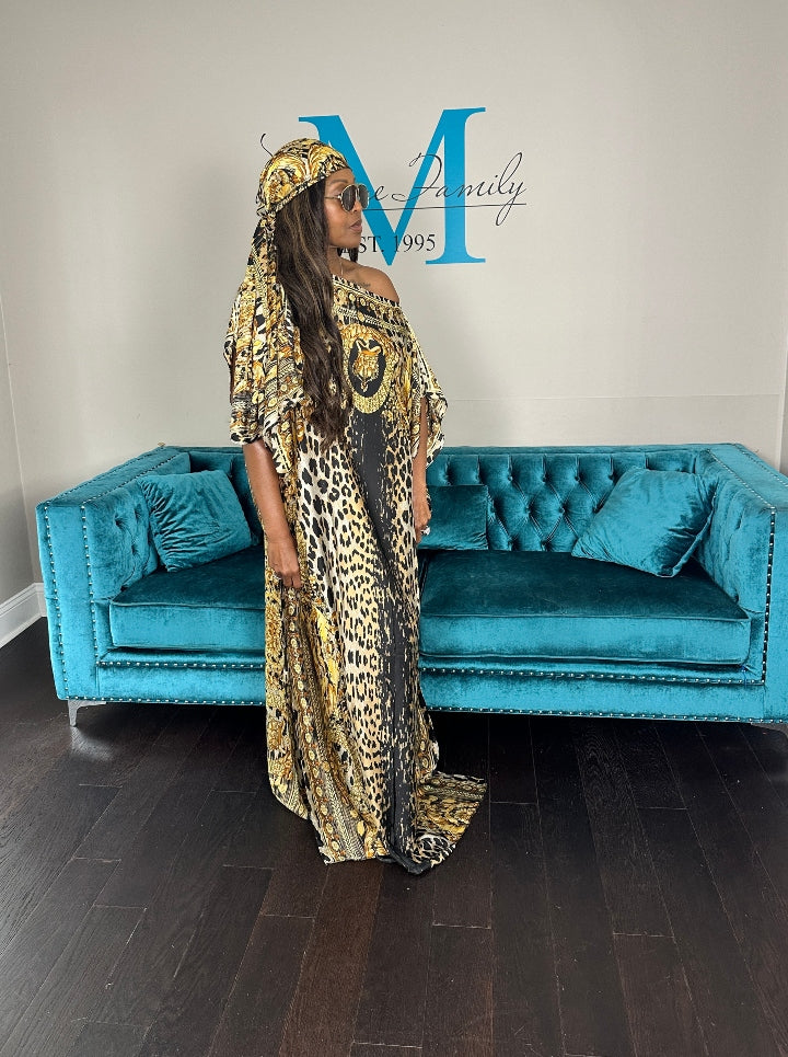 Vacation Vibes Kaftan Maxi Dress with Matching Scarf  -  Gold Black Leopard Ships 6/19