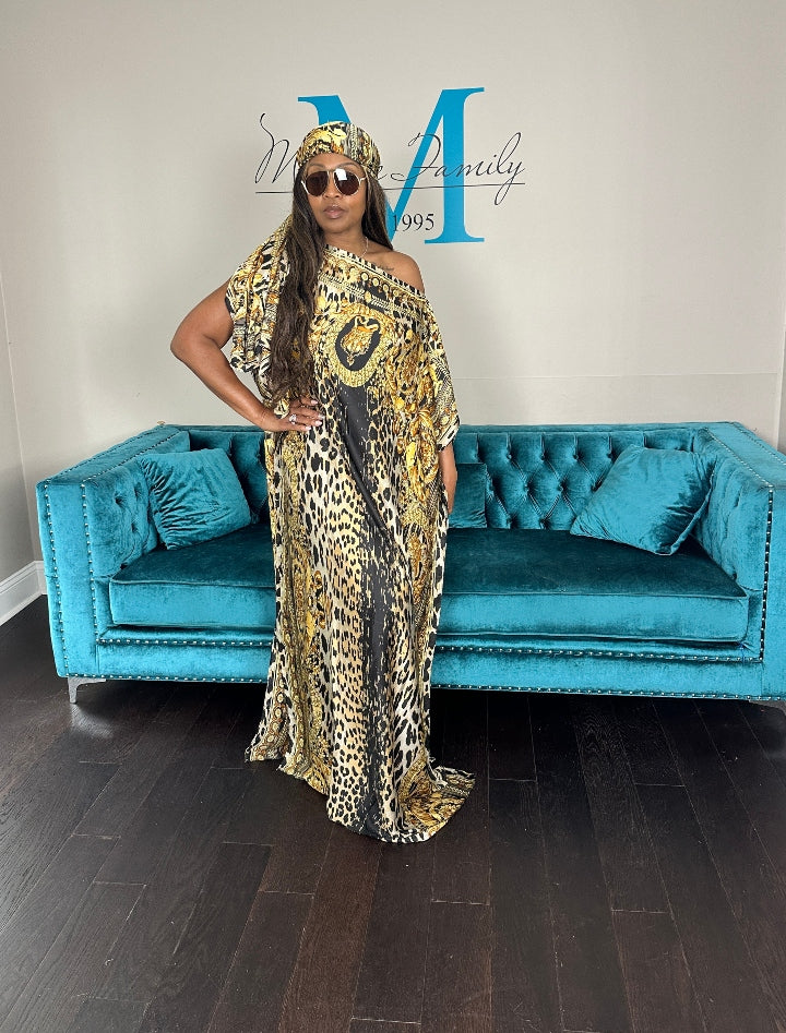 Vacation Vibes Kaftan Maxi Dress with Matching Scarf  -  Gold Black Leopard Ships 6/19