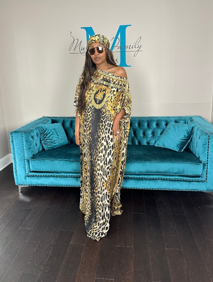 Vacation Vibes Kaftan Maxi Dress with Matching Scarf  -  Gold Black Leopard Ships 6/19