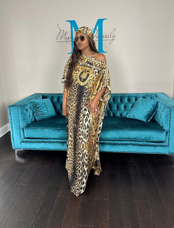 Vacation Vibes Kaftan Maxi Dress with Matching Scarf  -  Gold Black Leopard Ships 6/19
