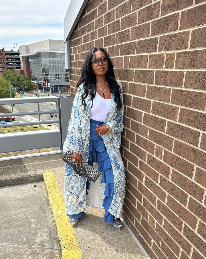 Denim Distressed Cut Out  Open Front Long Cardigan -Acid Wash Light Blue Jean Denim Ships 10/17