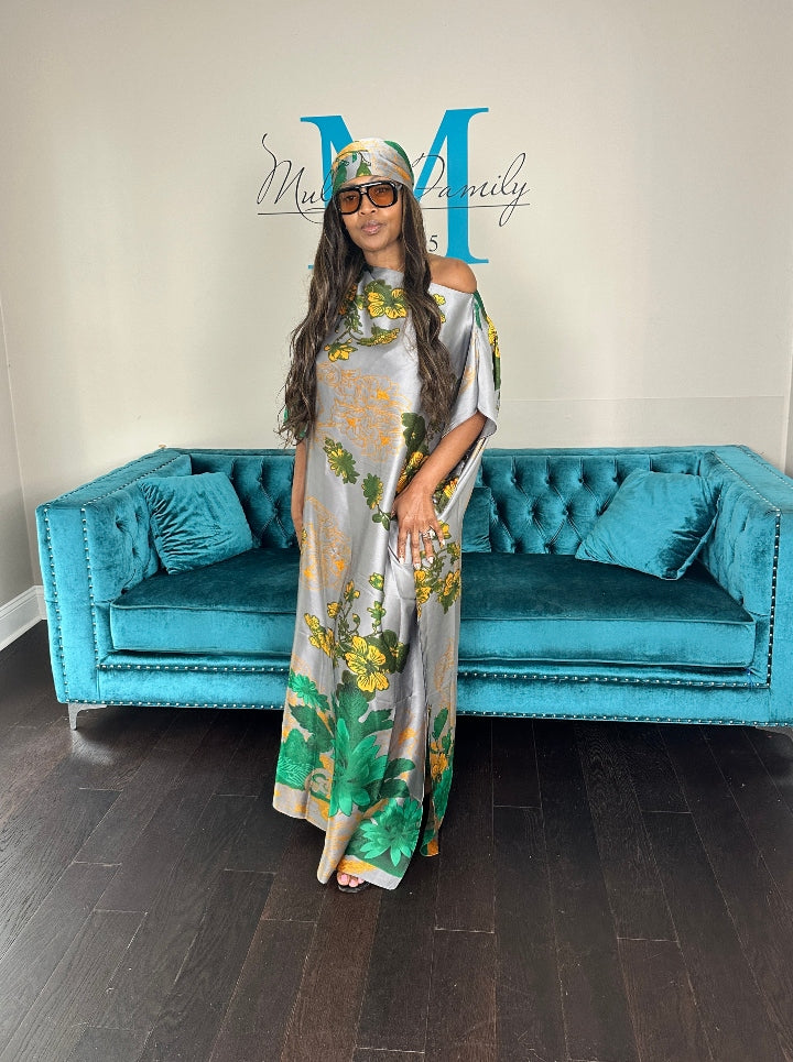 Vacation Vibes Kaftan Maxi Dress with Matching Scarf  -  Silver Green Black Blend