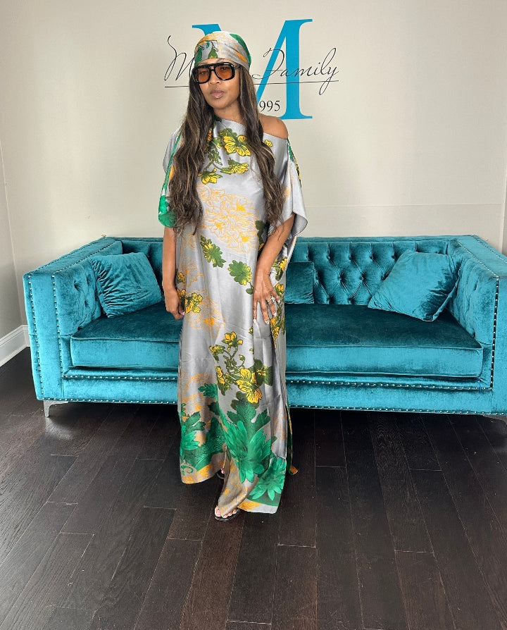 Vacation Vibes Kaftan Maxi Dress with Matching Scarf  -  Silver Green Black Blend