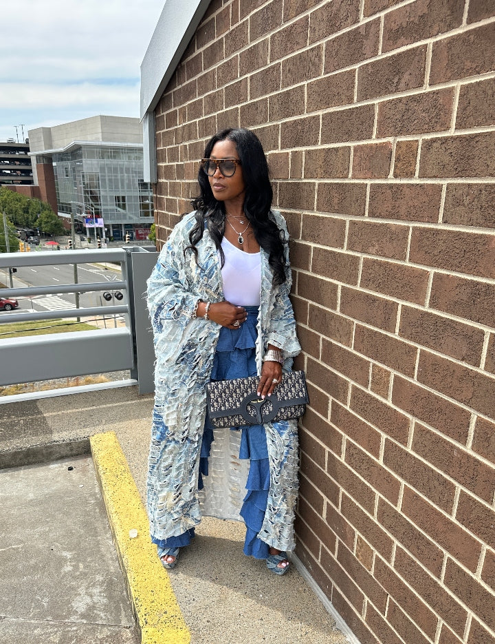 Denim Distressed Cut Out  Open Front Long Cardigan -Acid Wash Light Blue Jean Denim Ships 10/17
