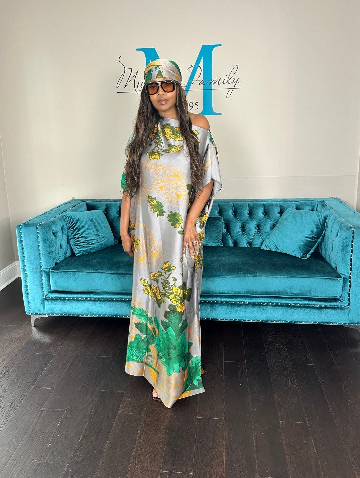 Vacation Vibes Kaftan Maxi Dress with Matching Scarf  -  Silver Green Black Blend