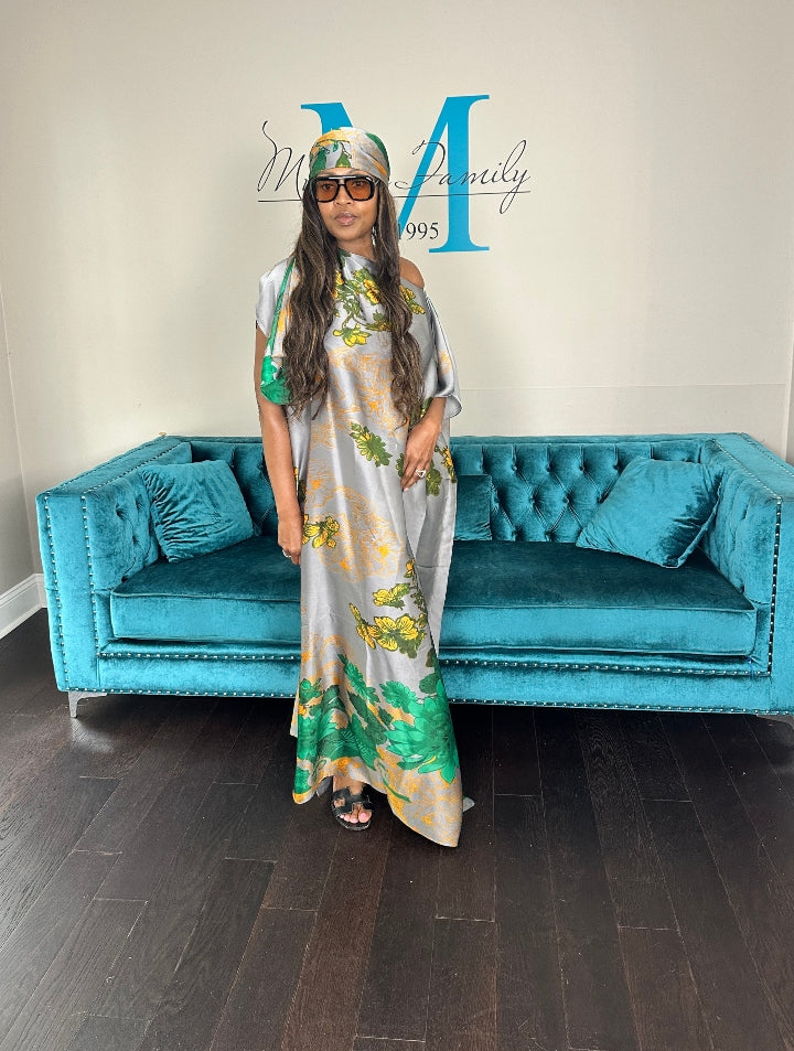 Vacation Vibes Kaftan Maxi Dress with Matching Scarf  -  Silver Green Black Blend