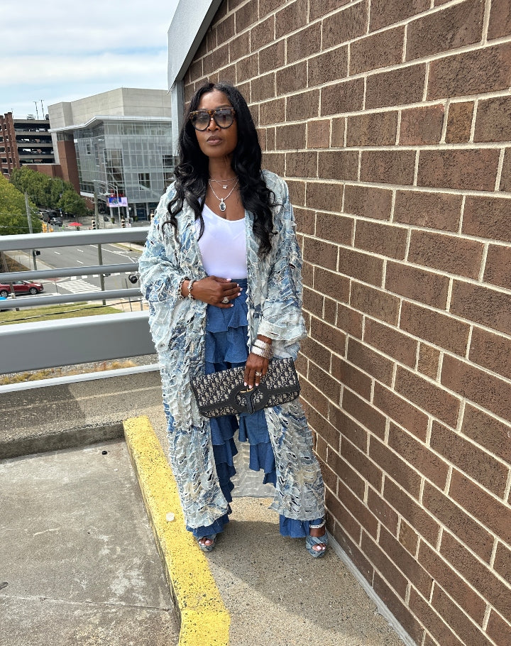Denim Distressed Cut Out  Open Front Long Cardigan -Acid Wash Light Blue Jean Denim Ships 10/17