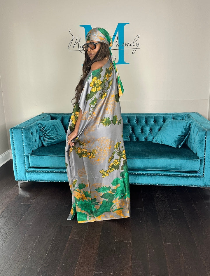 Vacation Vibes Kaftan Maxi Dress with Matching Scarf  -  Silver Green Black Blend