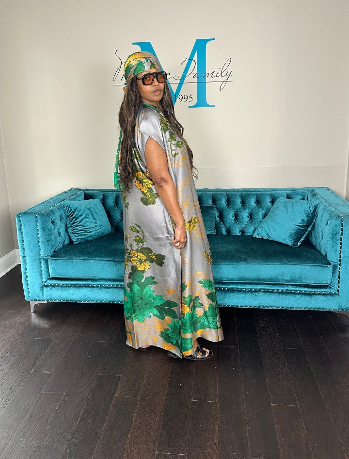 Vacation Vibes Kaftan Maxi Dress with Matching Scarf  -  Silver Green Black Blend