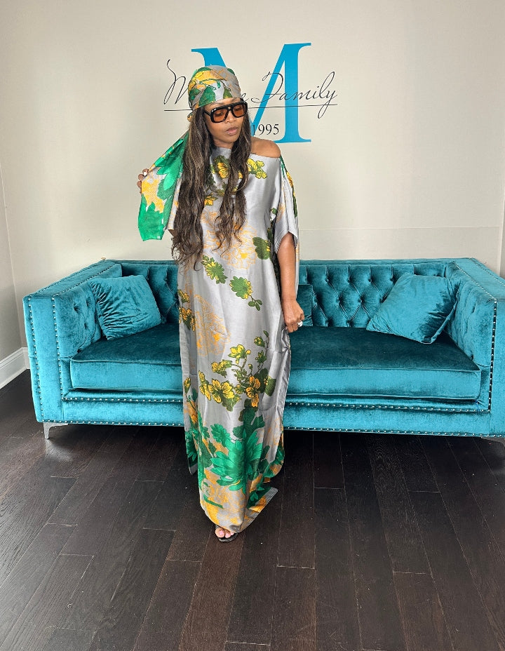 Vacation Vibes Kaftan Maxi Dress with Matching Scarf  -  Silver Green Black Blend