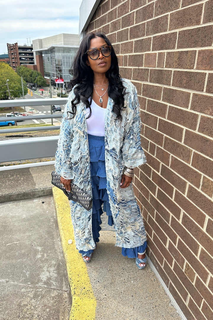 Denim Distressed Cut Out  Open Front Long Cardigan -Acid Wash Light Blue Jean Denim Ships 10/17