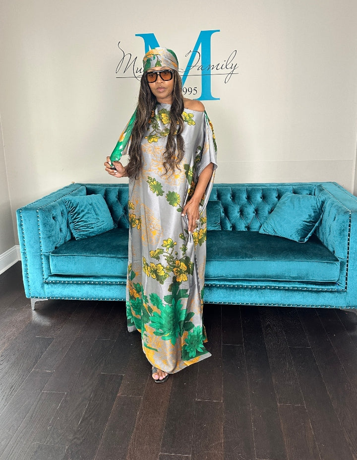 Vacation Vibes Kaftan Maxi Dress with Matching Scarf  -  Silver Green Black Blend