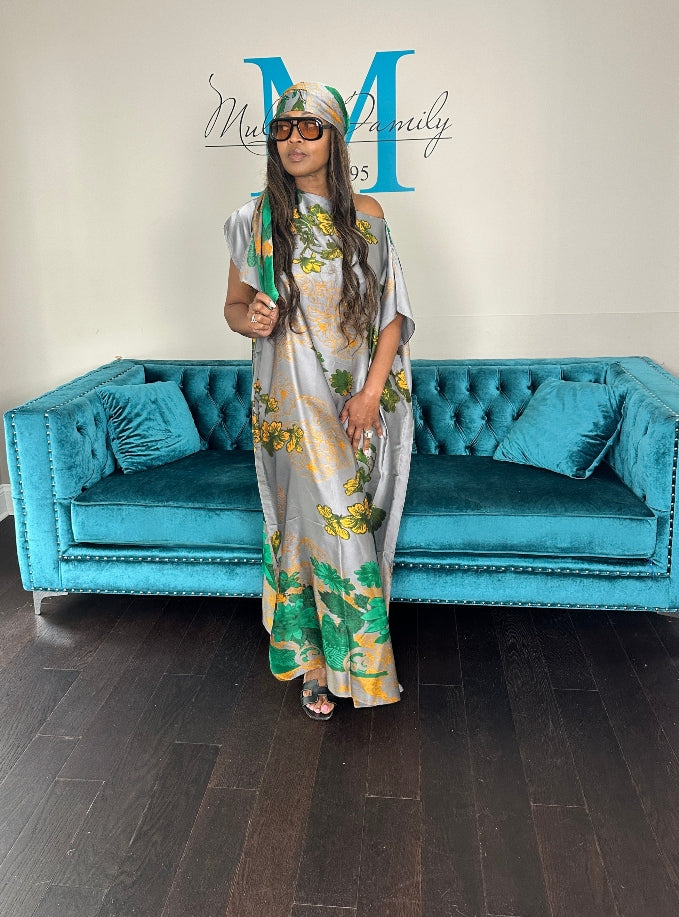 Vacation Vibes Kaftan Maxi Dress with Matching Scarf  -  Silver Green Black Blend