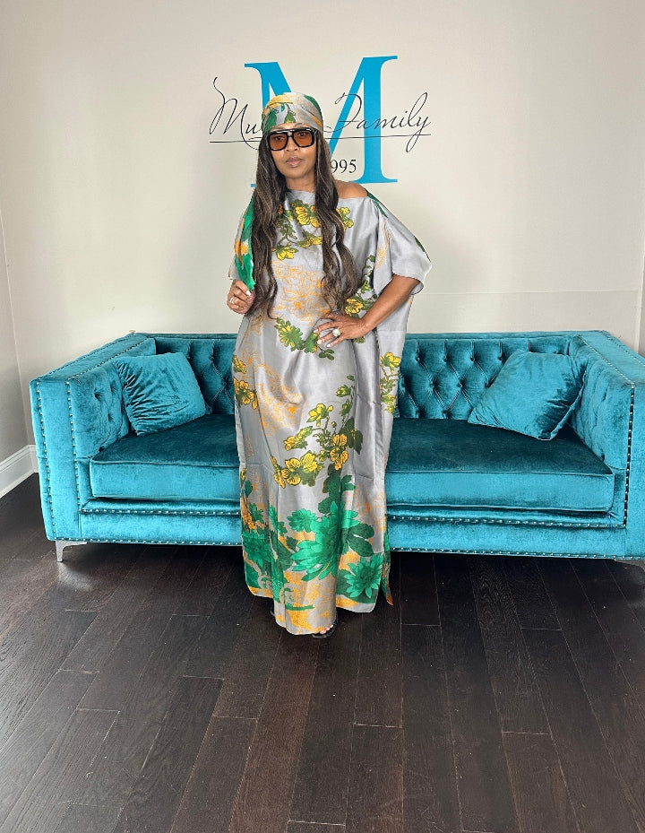 Vacation Vibes Kaftan Maxi Dress with Matching Scarf  -  Silver Green Black Blend