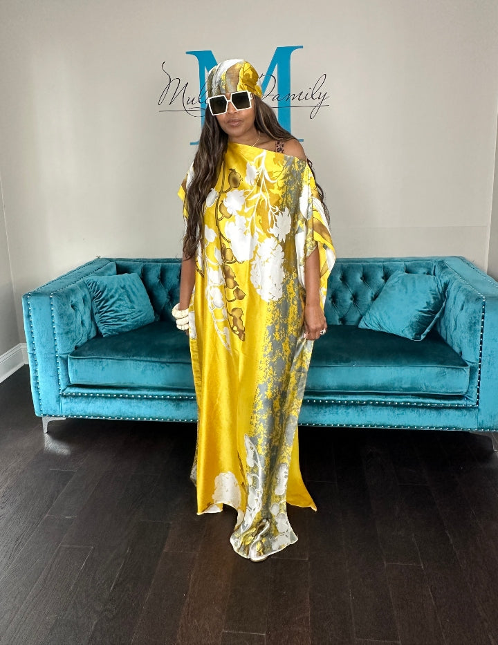 Vacation Vibes Kaftan Maxi Dress with Matching Scarf -  Gold Bronze Silver Cream Ships 6/19