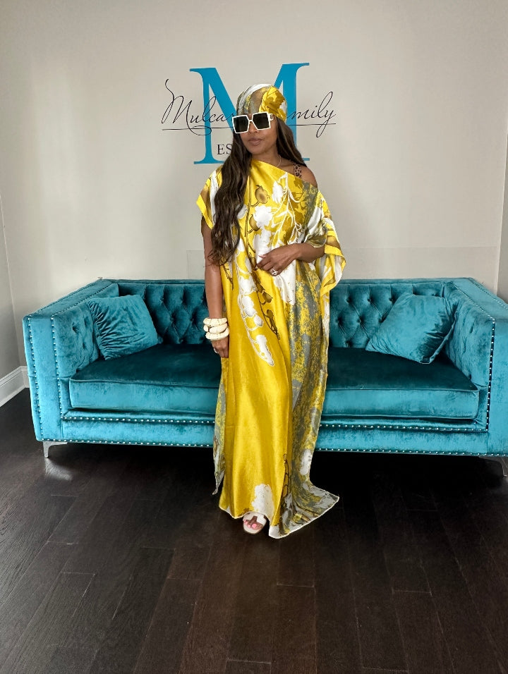 Vacation Vibes Kaftan Maxi Dress with Matching Scarf -  Gold Bronze Silver Cream Ships 6/19