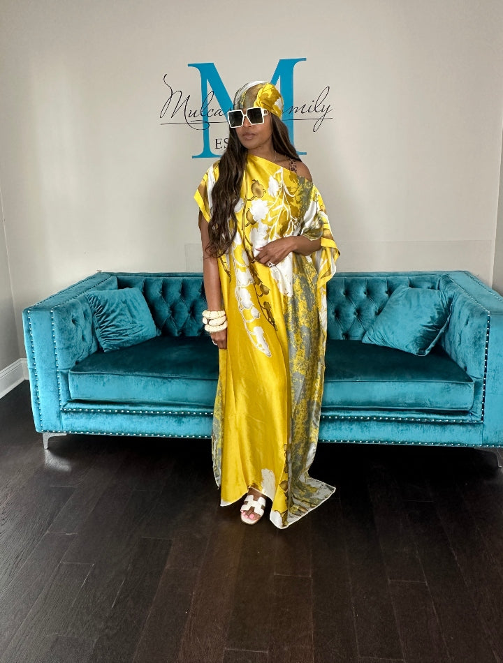 Vacation Vibes Kaftan Maxi Dress with Matching Scarf -  Gold Bronze Silver Cream Ships 6/19