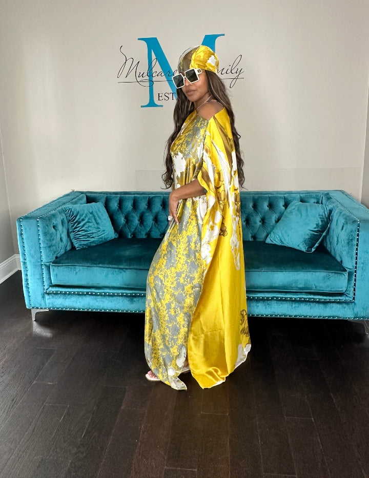 Vacation Vibes Kaftan Maxi Dress with Matching Scarf -  Gold Bronze Silver Cream Ships 6/19