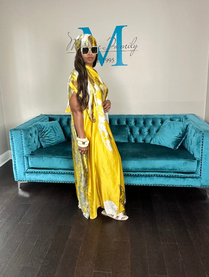 Vacation Vibes Kaftan Maxi Dress with Matching Scarf -  Gold Bronze Silver Cream Ships 6/19