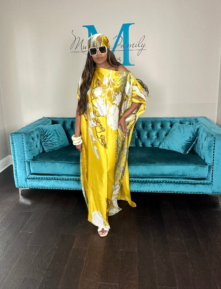 Vacation Vibes Kaftan Maxi Dress with Matching Scarf -  Gold Bronze Silver Cream Ships 6/19