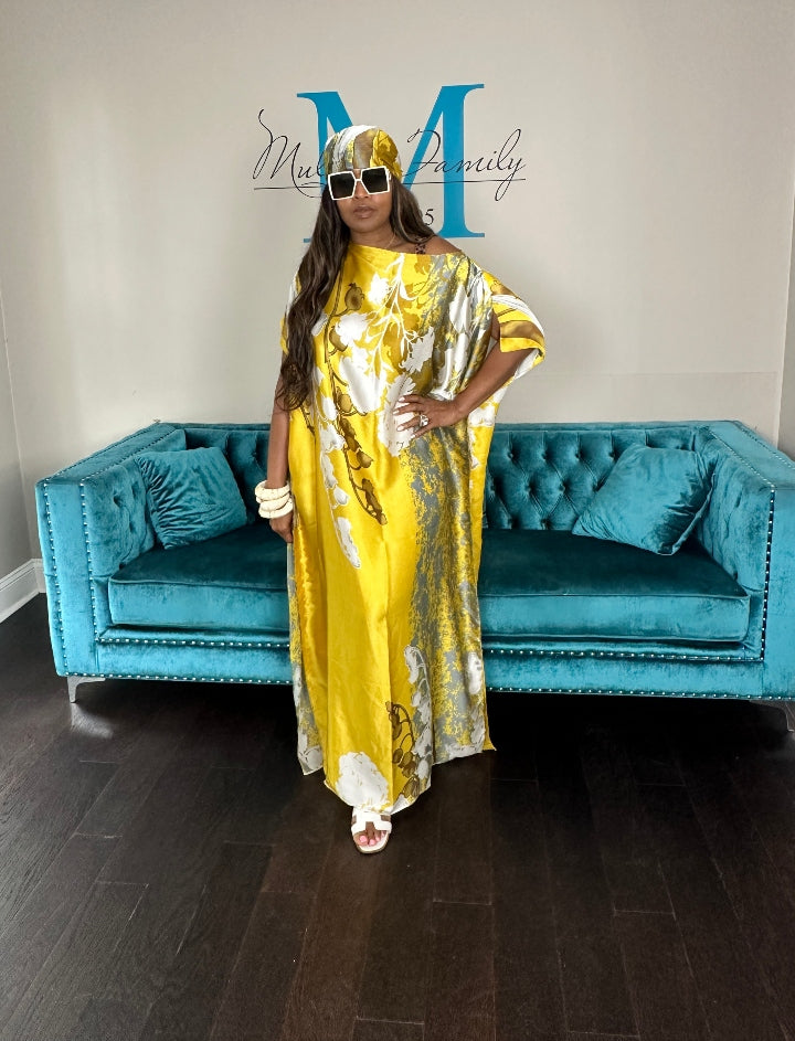 Vacation Vibes Kaftan Maxi Dress with Matching Scarf -  Gold Bronze Silver Cream Ships 6/19