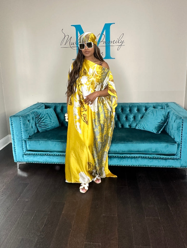 Vacation Vibes Kaftan Maxi Dress with Matching Scarf -  Gold Bronze Silver Cream Ships 6/19